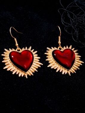 “Bursting Sacred Heart” of Jesus Immaculate Mary Catholic Ruby Red Steel Earring